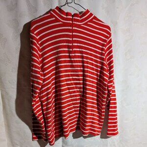 LL Bean Women's XL Cotton Orange Striped Pullover Mock Neck Long Sleeve 1/4 Zip